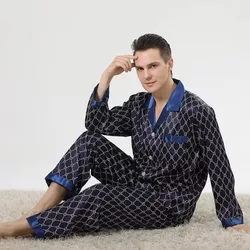 Print Silk Satin Pajamas for Men Sleepwear Cozy Soft Long Sleeve Nightgown Thin Tops+ Trousers Two Pieces Mens Pajama Set