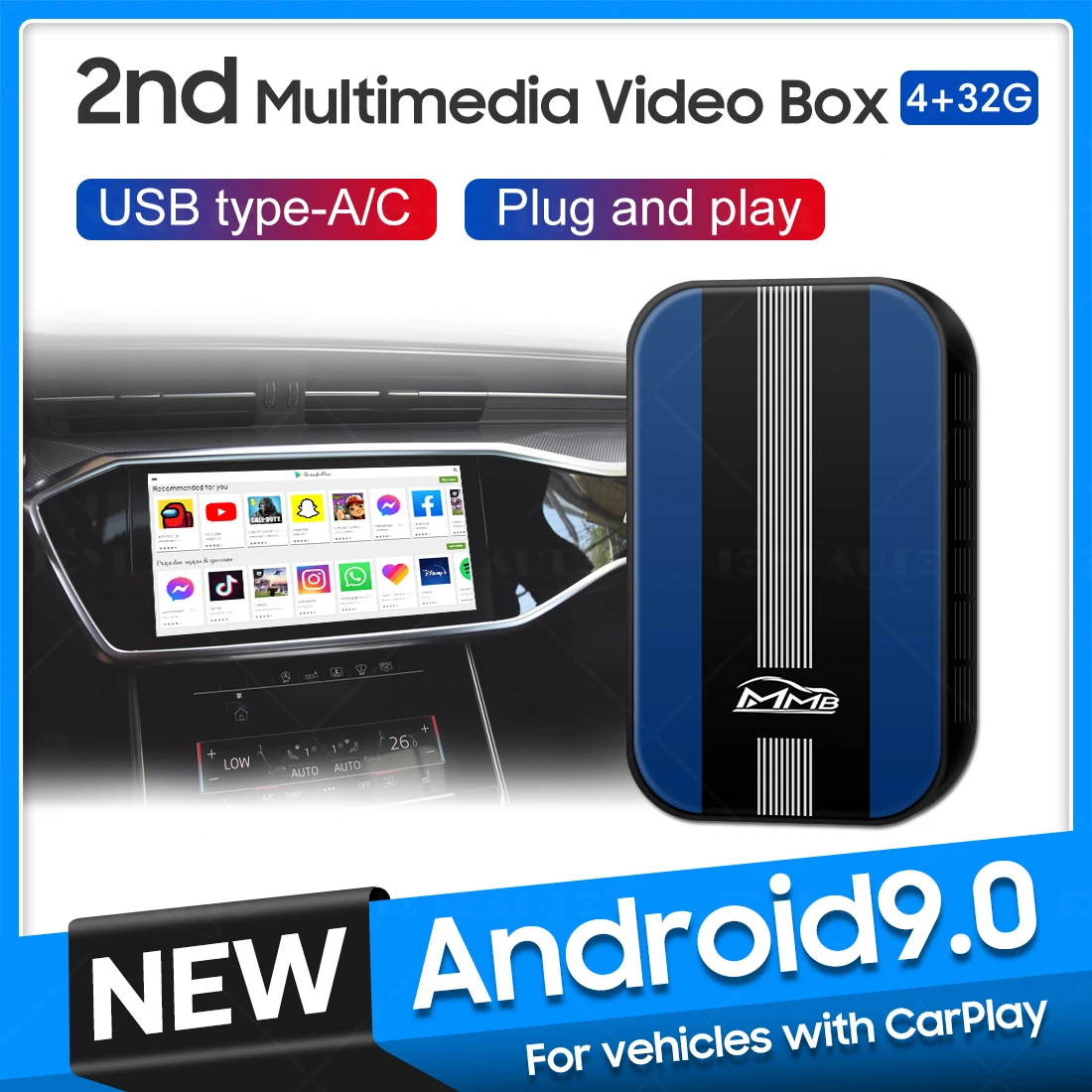 MMB 2nd Multimedia CarPlay Ai Box for SKODA SUPERB KAMIQ KAROQ Kodiaq Wireless Apple CarPlay Android 9.0 OS Smart Video GPS Box