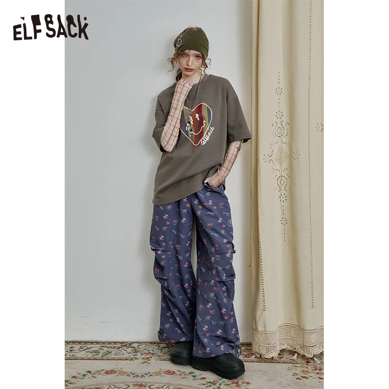 ELFSACK 2025 Spring New Arrivals High Street Loose All-over Print Casual Wide-Leg Pants for Women