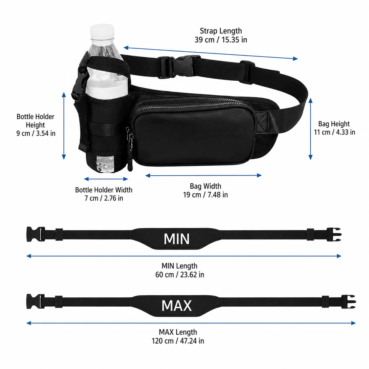 Black Waist Bag with Water Bottle Holder Adjustable Fanny Pack Crossbody Bag for Running Hiking Travel Outdoor Sports