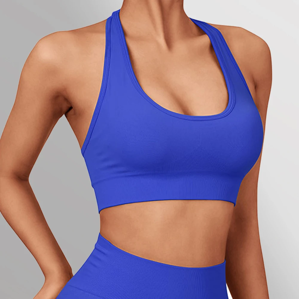 Halter Top sportowy bielizna kamizelka kobiety nieograniczone prążkowany bezszwowy Fitness stanik Spandex kobieta elastyczna oddychająca biust sport