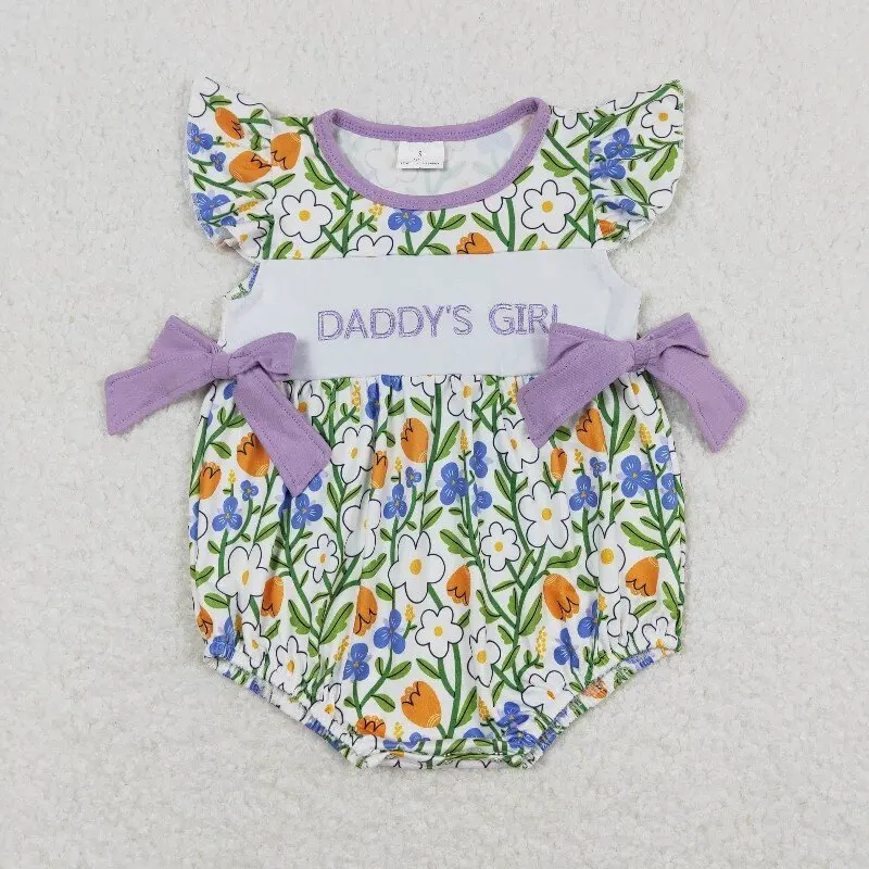 

11.19y SR0891Summer daddy's girl embroidered Wholesale letter flower purple bow vest romper