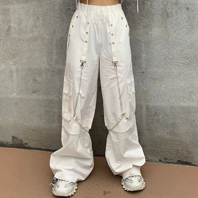 Women Summer Thin With Chain Cargo Pants Women\'s Loose Leisure Sweatpants Y2k Korea Style Fashion High-waist White Color Trouser