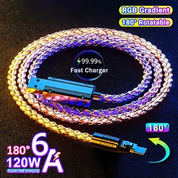 RGB Color Light 120W 6A USB To Type C Fast Charging Data Cable For IPhone/Samsung/Xiaomi USB C Car Charge Cord Charging Cables