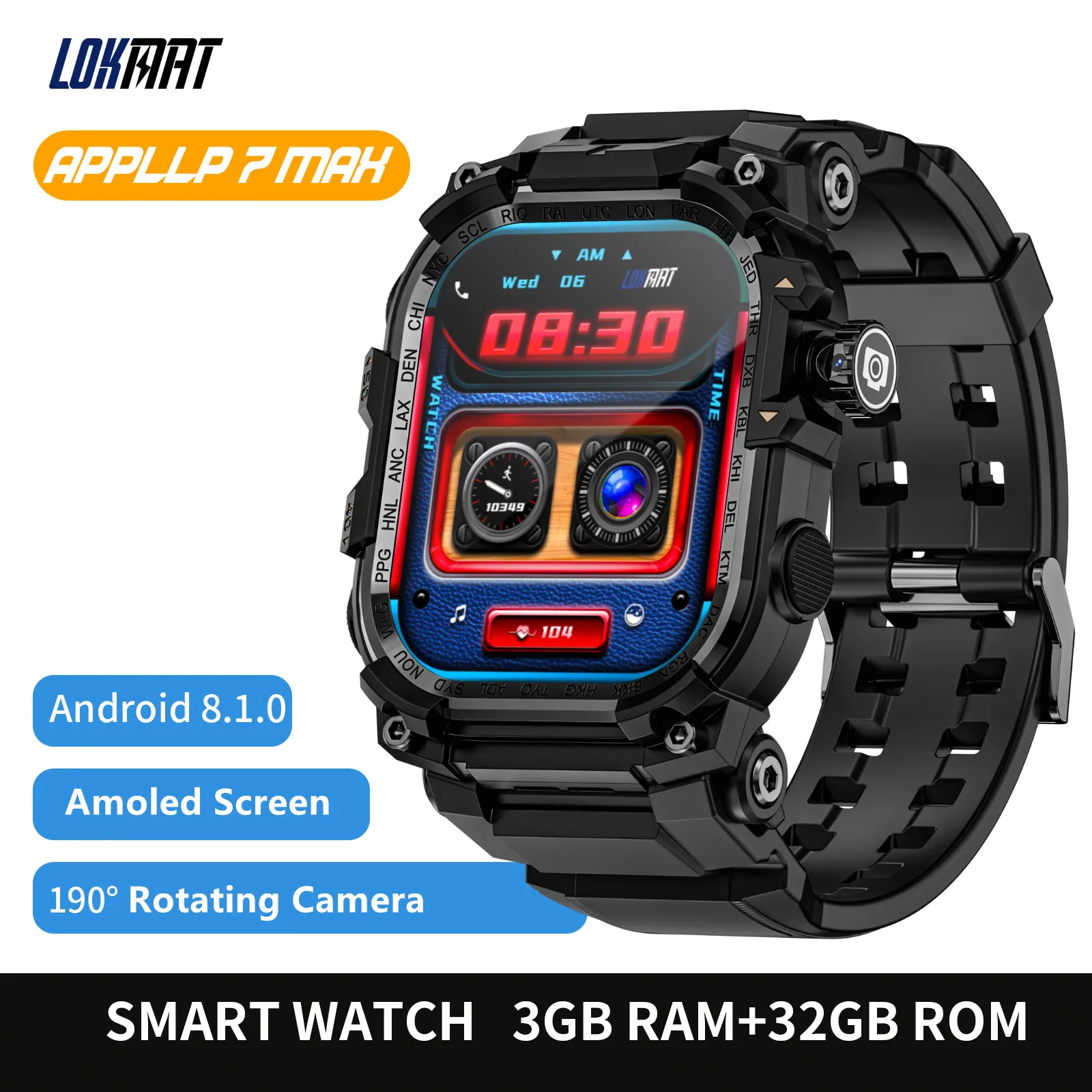 

LOKMAT APPLLP 7 MAX Android Смарт-часы Телефон Amoled Сенсорный экран Вращающаяся камера Wi-Fi 4G SIM-карта Часы Открытый фитнес-трекер