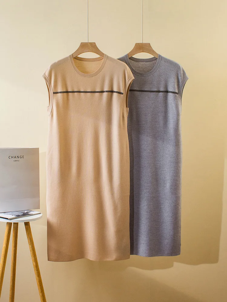 

Women's Summer New 100Wool Knitted Long Dress Round Neck Bead Chain Loose Straight Casual dress