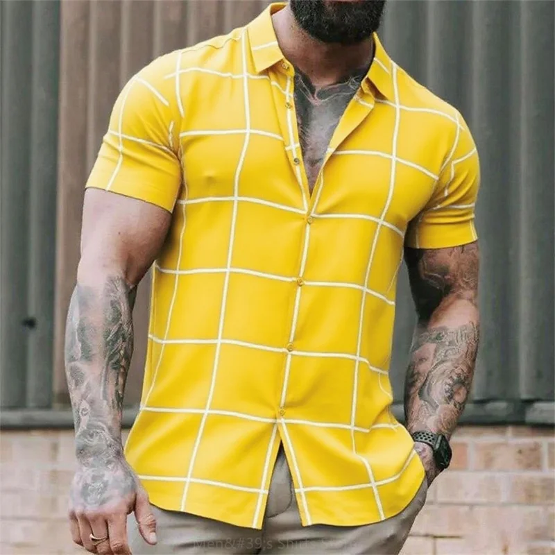 

10 Colors Men's Geometric Plaid Shirt Summer Button Short Sleeve Shirt Fashion Casual Outdoor Vacation Summer Spring Lapel Shirt