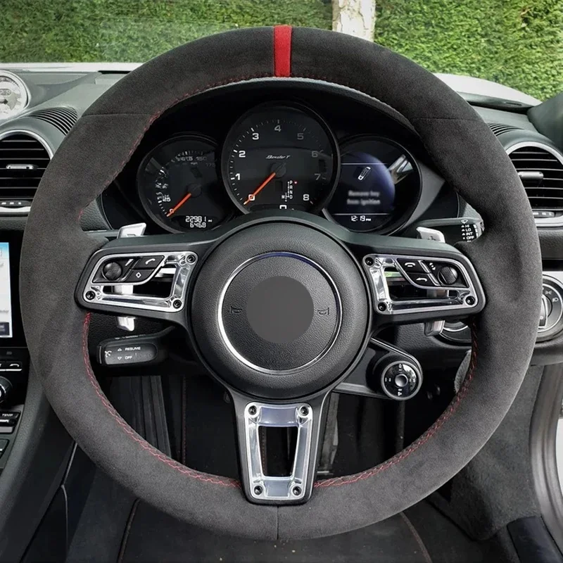 Pokrowiec na kierownicę Alcantara, prawdziwa skóra, czerwona nić, czerwony pasek, akcesoria samochodowe do Porsche MACAN PANAMERA / CAYENNE / 718 911 — 2