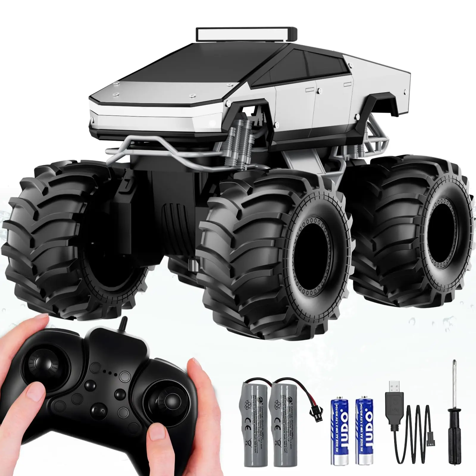 

Remote Control Car, 1:18 Amphibious RC Cars, 4WD All Terrain Off-Road Pickup, 2.4GHz Waterproof Cyber Truck, 360° Rotatable Mons
