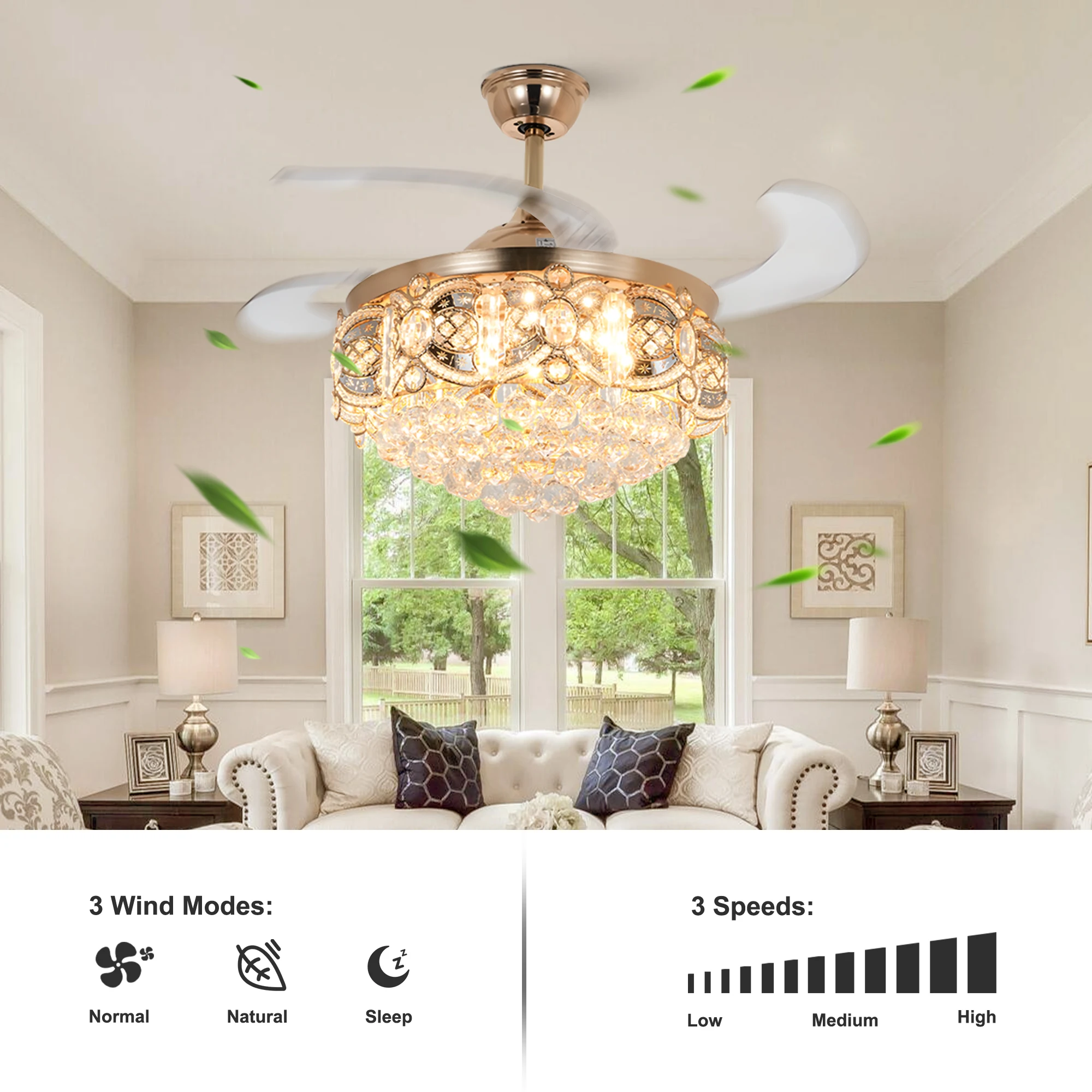 42인치 크리스탈 LED 매립형 천장 선풍기 조명, 리모컨 포함, 거실 및 식당에 적합