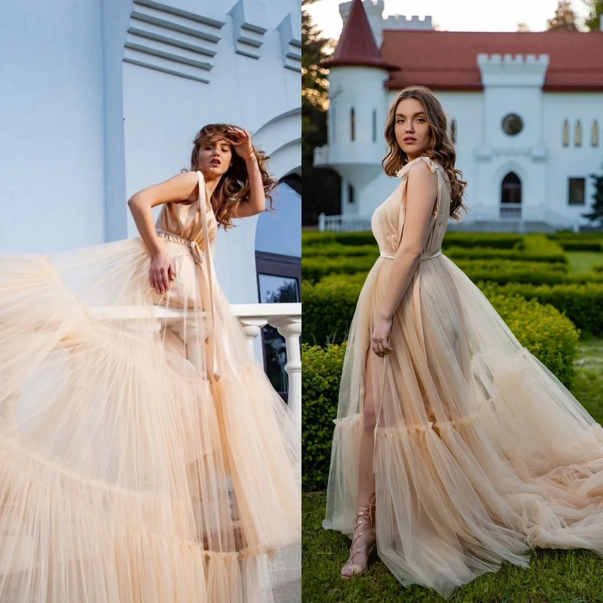 

Champagne Long Prom Dress Ruffles Tulle Side Split Scoop Neck Formal Evening Gowns Maternity Dress for Photo Shoot Robe Dress