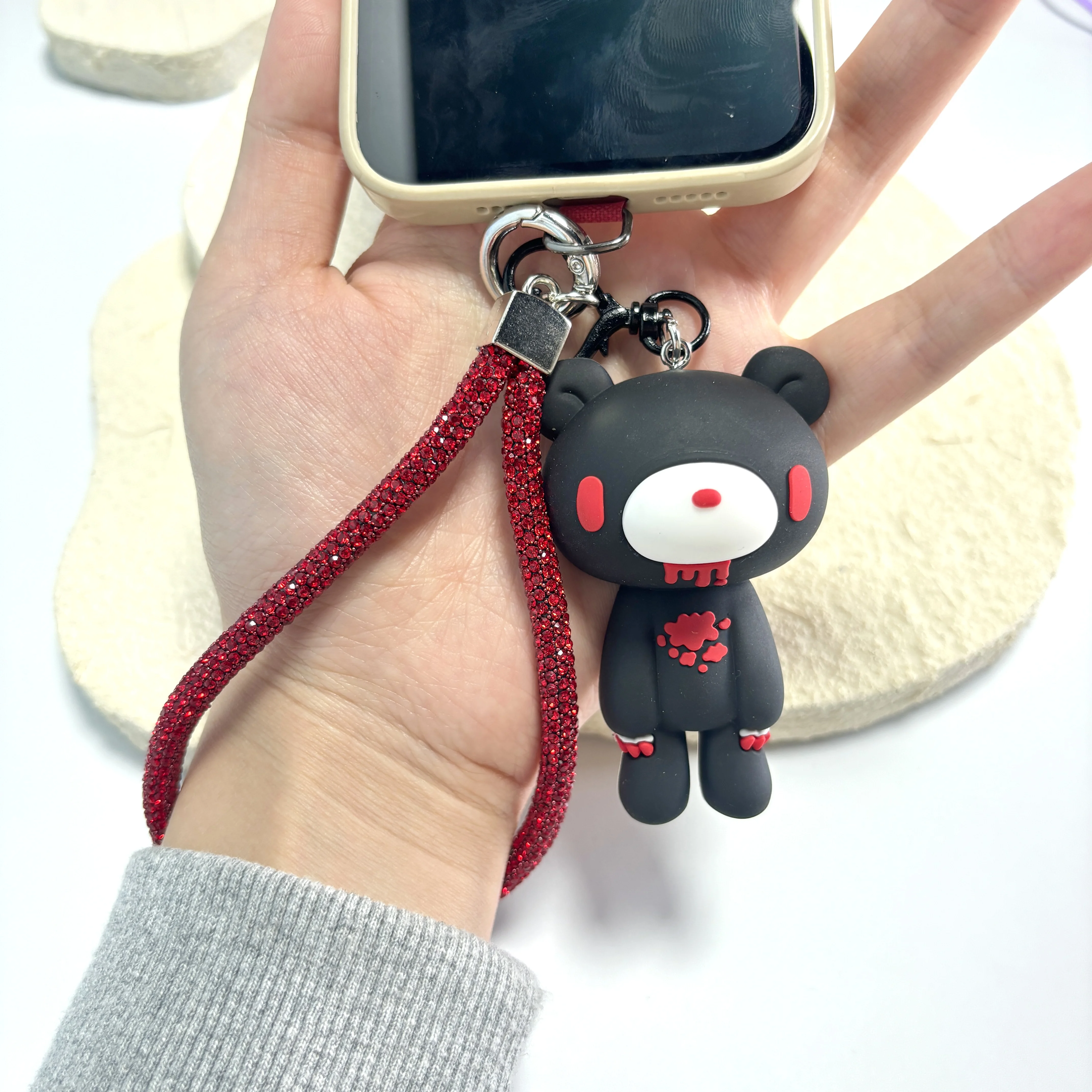 

Gothic Kawaii Black Bear Phone Charm Red Rhinestone Wrist Strap Y2K Aesthetic Blood Dripping Anti Lost Lanyard Keychains Gift