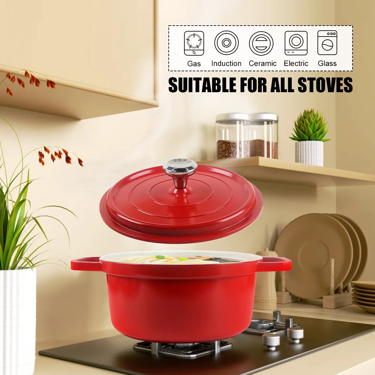 

4L Large Capacity Lightweight Enameled Dutch Oven,Nonstick Red Soup Pot with Lid for Bread Baking,Suitable for All Stovs