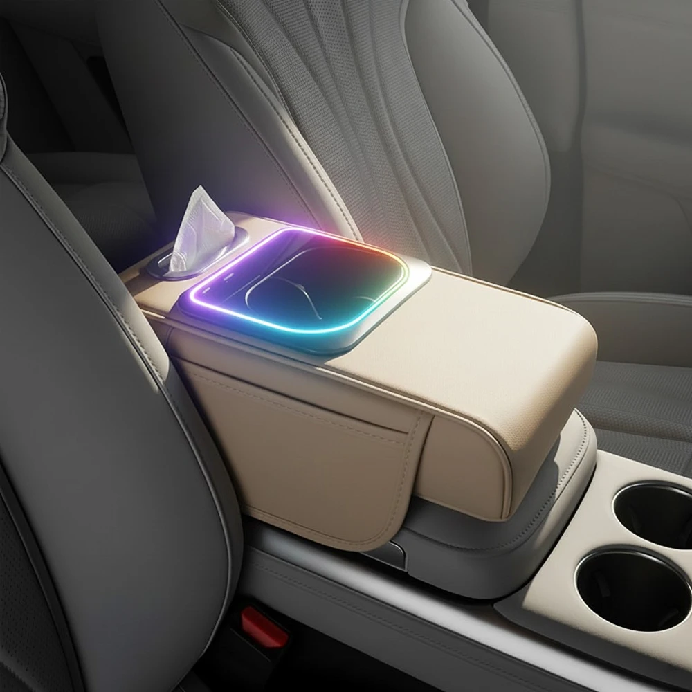 Almofada multifuncional para apoio de braço de carro, console central, capa de assento com organizadores de armazenamento, suporte de copo, caixa de tecido, slot para telefone