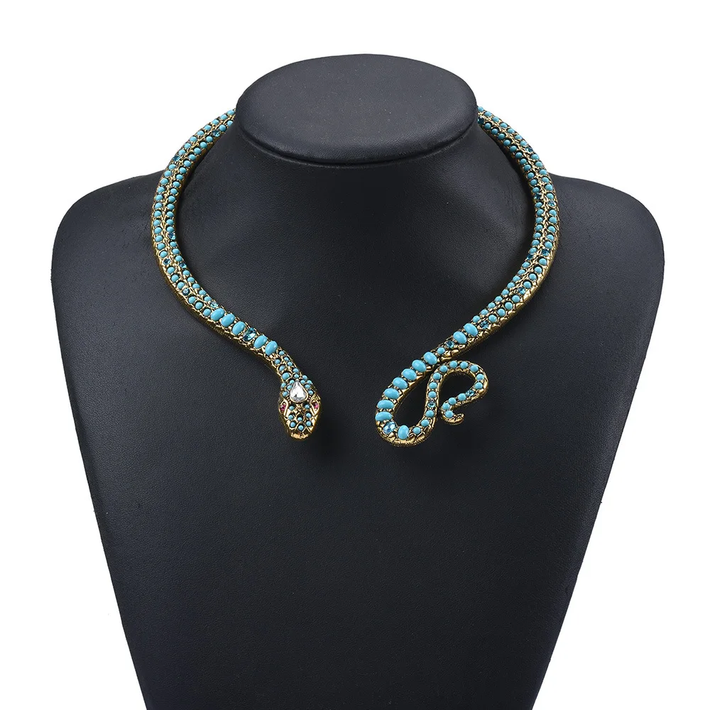 

Tribal Jewelry Vintage Egyptian Gorgeous Sexy Collar Wild Serpent Rhinestone Blue Turquoise Snake Neck Choker Necklace for Women