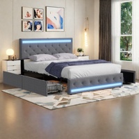 Rosahqnda Uplostered Bed 140x200cm with LED Lighting & USB Port,Double Bed with 4 Drawer,Storage Bed,Linen,Grey,Without Mattress