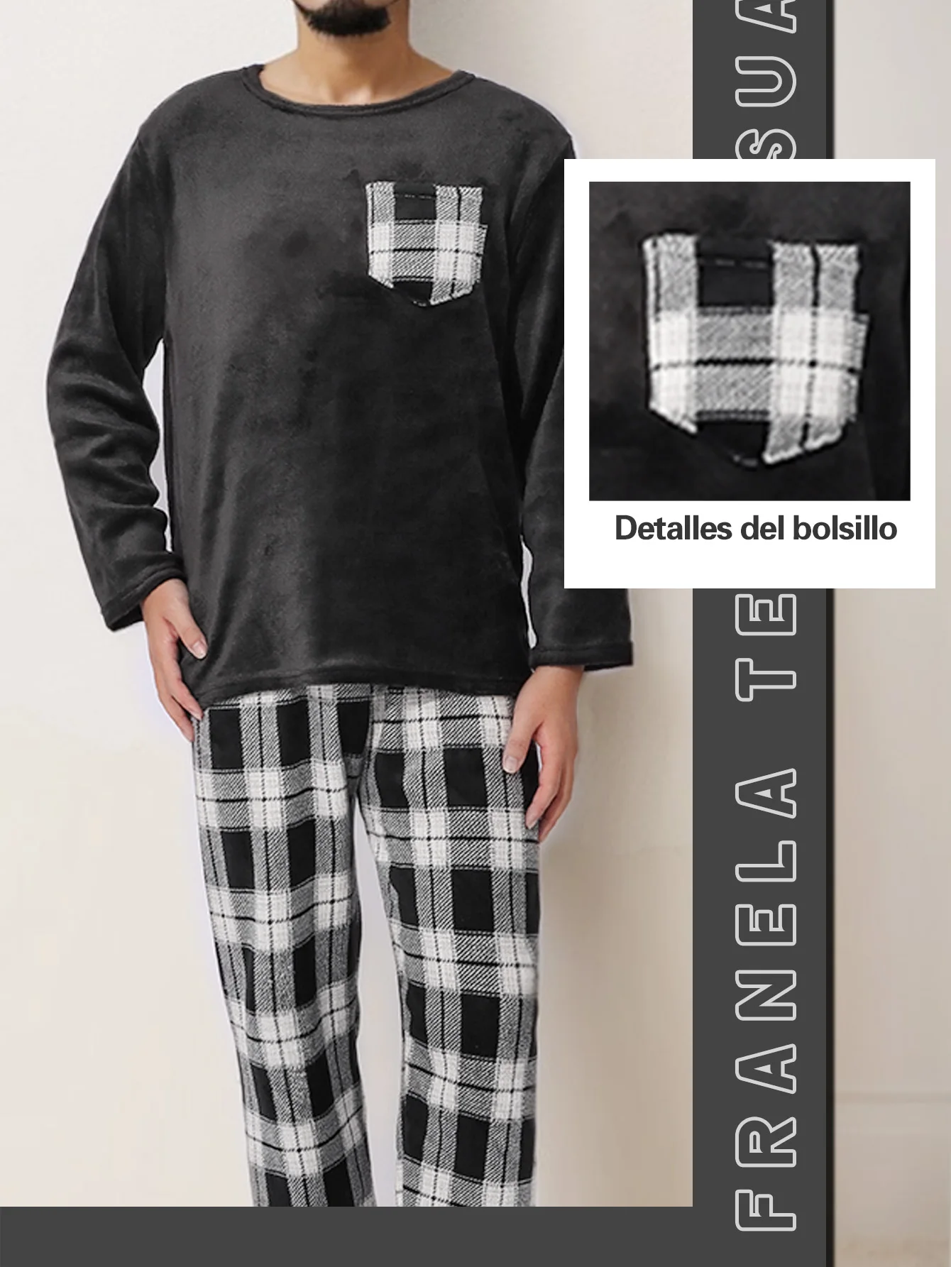 Pijama de inverno masculino, conjunto de 2 peças com mangas compridas e calças, conforto e estilo