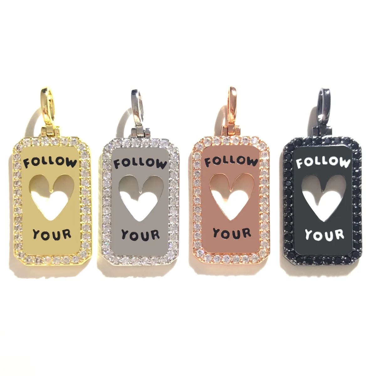 5pcs Follow Your Heart Word Tag Charm Pendant for Women Bracelet Girl Necklace Making Rhinestone Paved Gold-Plated Bling Jewelry