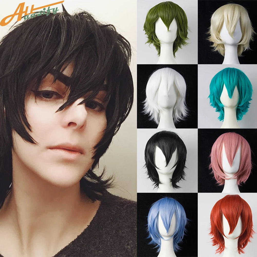 Synthetic Male Cosplay Wigs With Bangs Short Straight Blonde Black Blue White Red Hair Halloween Anime Cosplay Wig For Man Women