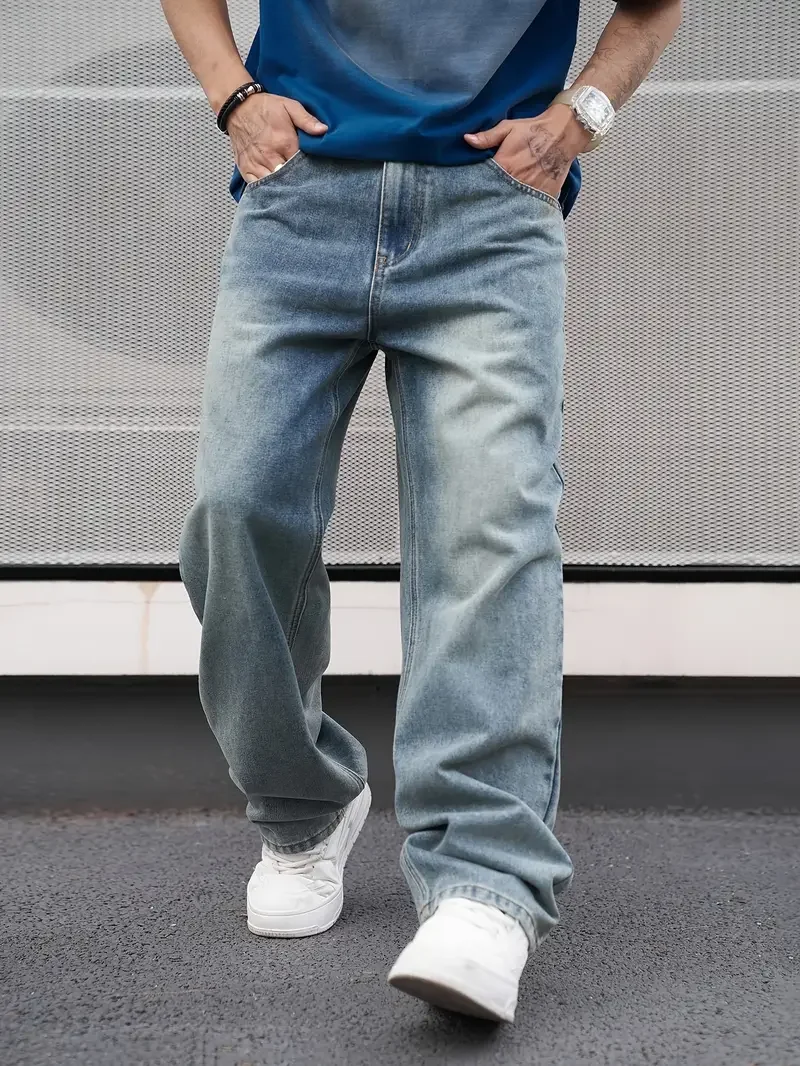 

Men'S Casual Straight Wash Jeans - Light Blue, Loose Fit, Oblique Pocket, Comfortable Blend, Suitable For Casual Wear