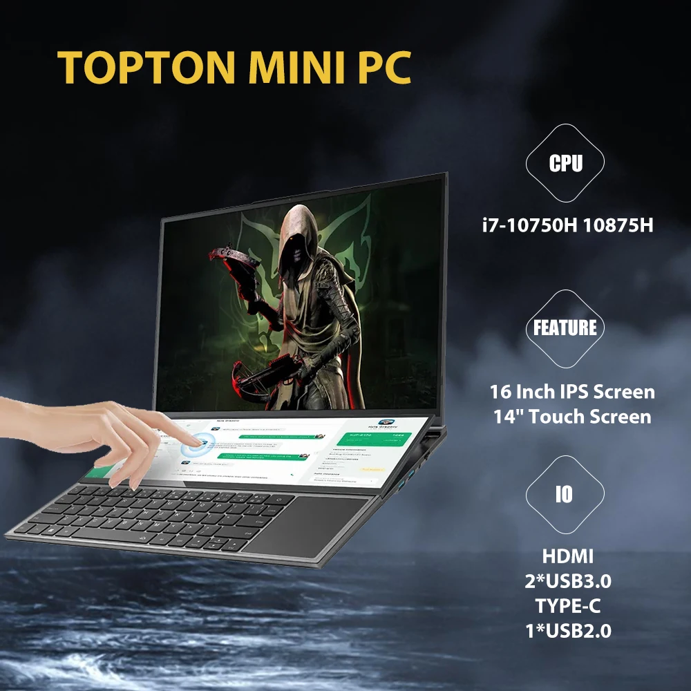 TOPTON Dual Screen Gaming Laptop 16 Inch IPS + 14'' Touch Intel I7-10750H Max 64GB DDR4 4TB NVMe Slim Notebook Gamer Computer