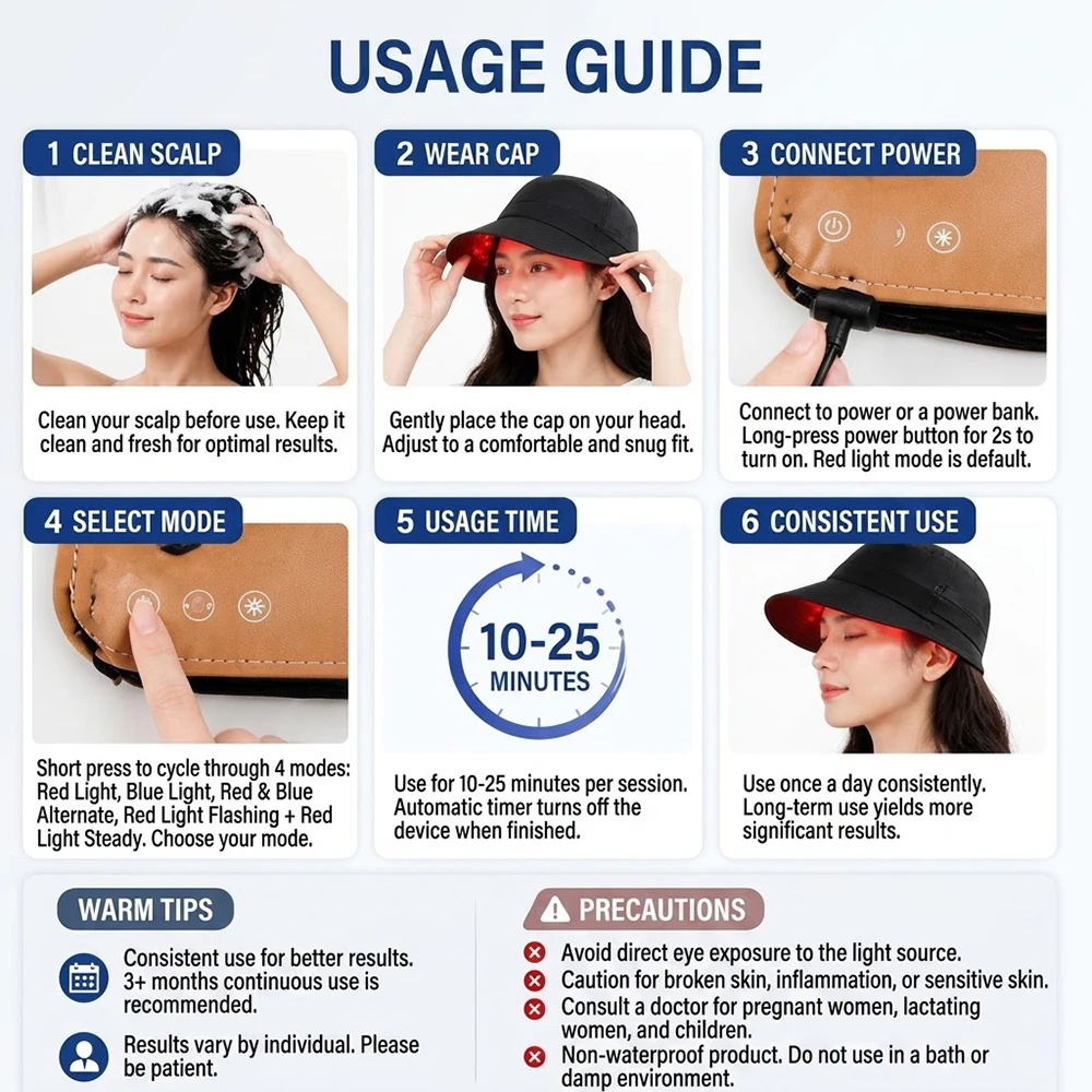 LED Hair Growth Cap Red Blue Light Therapy Hat Scalp Care Device 4 Modes Rechargeable Hair Thickening Cap view 6