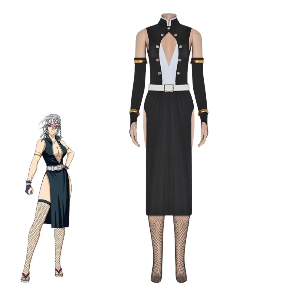 

Tengen Uzui Cosplay Costume Demon Slayer Female Tengen Outfit High Slit Dress Black Uniform Halloween Party Suit