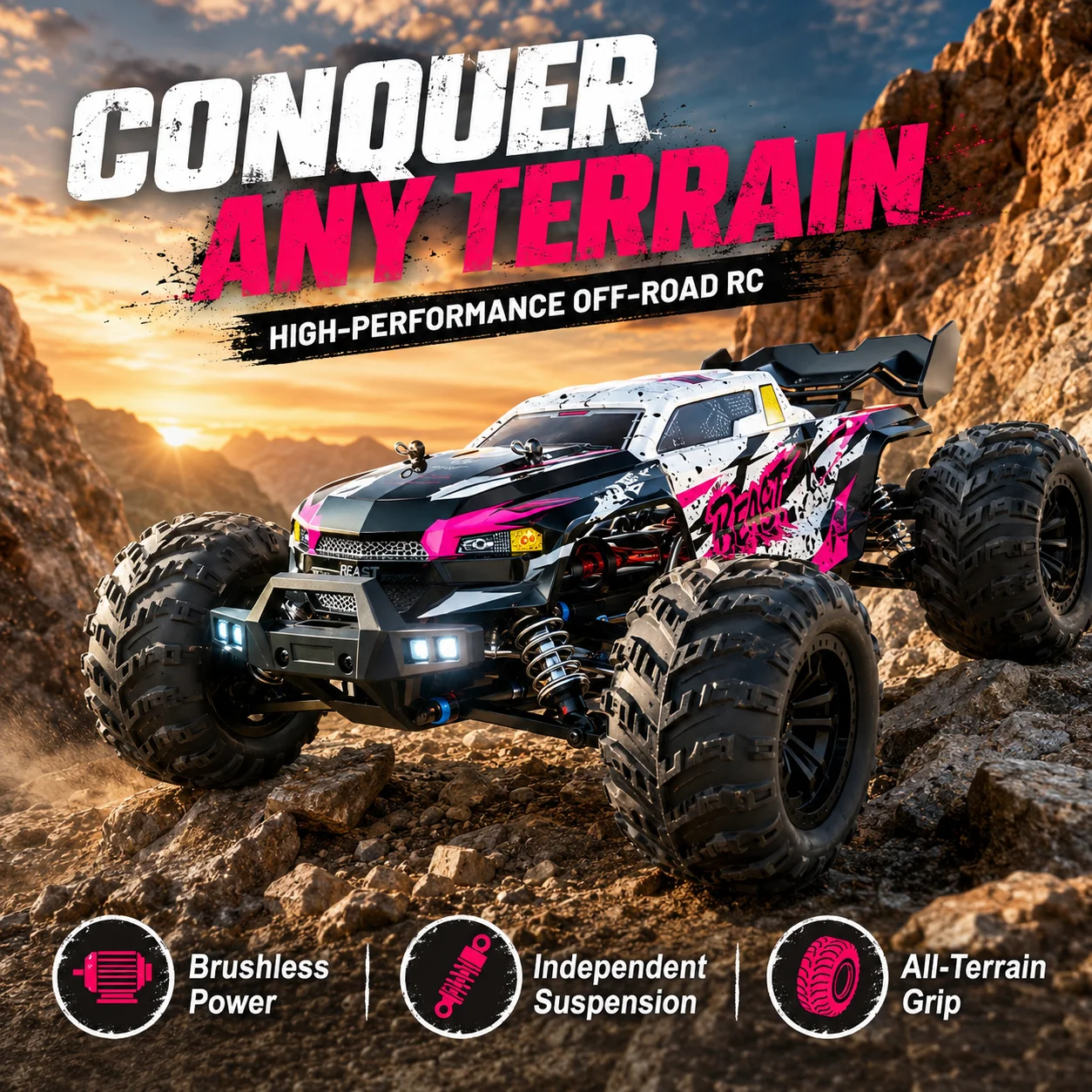 ZNLYRION RC Off-Road Monster Truck mit bürstenlosem Motor, 4x4 RC-Truck, Geländewagen, Präzisions-2,4-GHz-Fernbedienung mit Lichtschalter, große, robuste Reifen, Hobby-RC-Auto mit 2 Batterien,