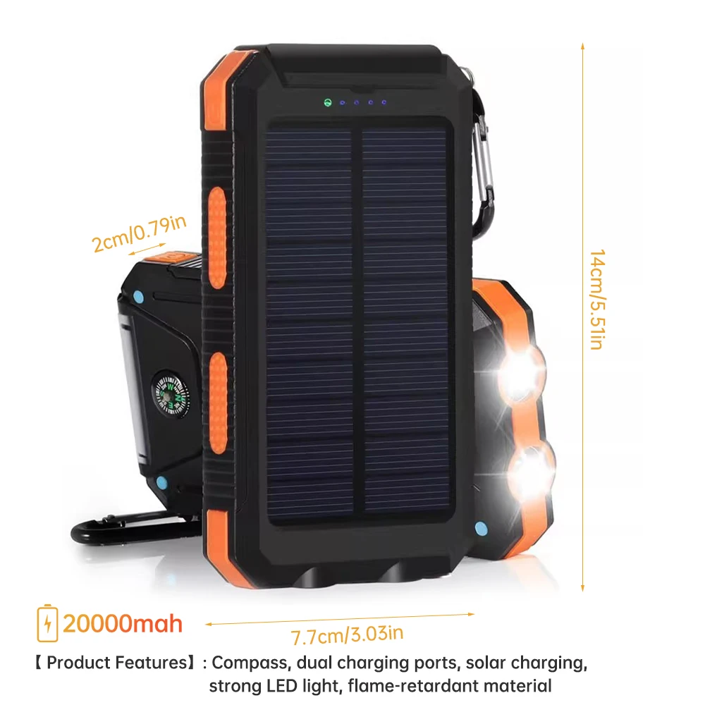 بنك الطاقة الشمسية المحمول 20000mAh شاحن الهاتف المحمول سعة كبيرة مع مصباح يدوي بنك الطاقة في حالات الطوارئ في الهواء الطلق للهواتف