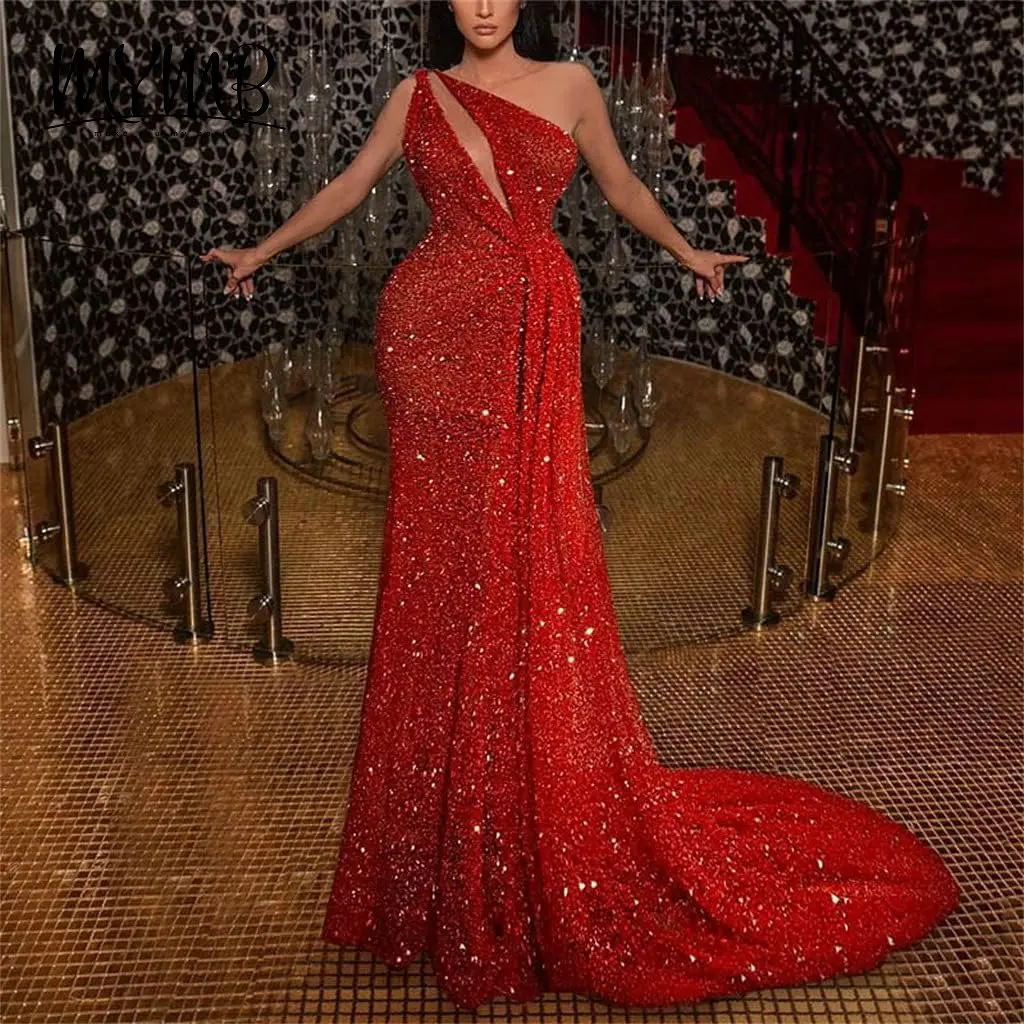 

MYMB New Red Sexy Fishtail Ladies Evening Gowns for Women Dress Clothing Slim Long Heavy Sequin Strapless Party Dress MY30143
