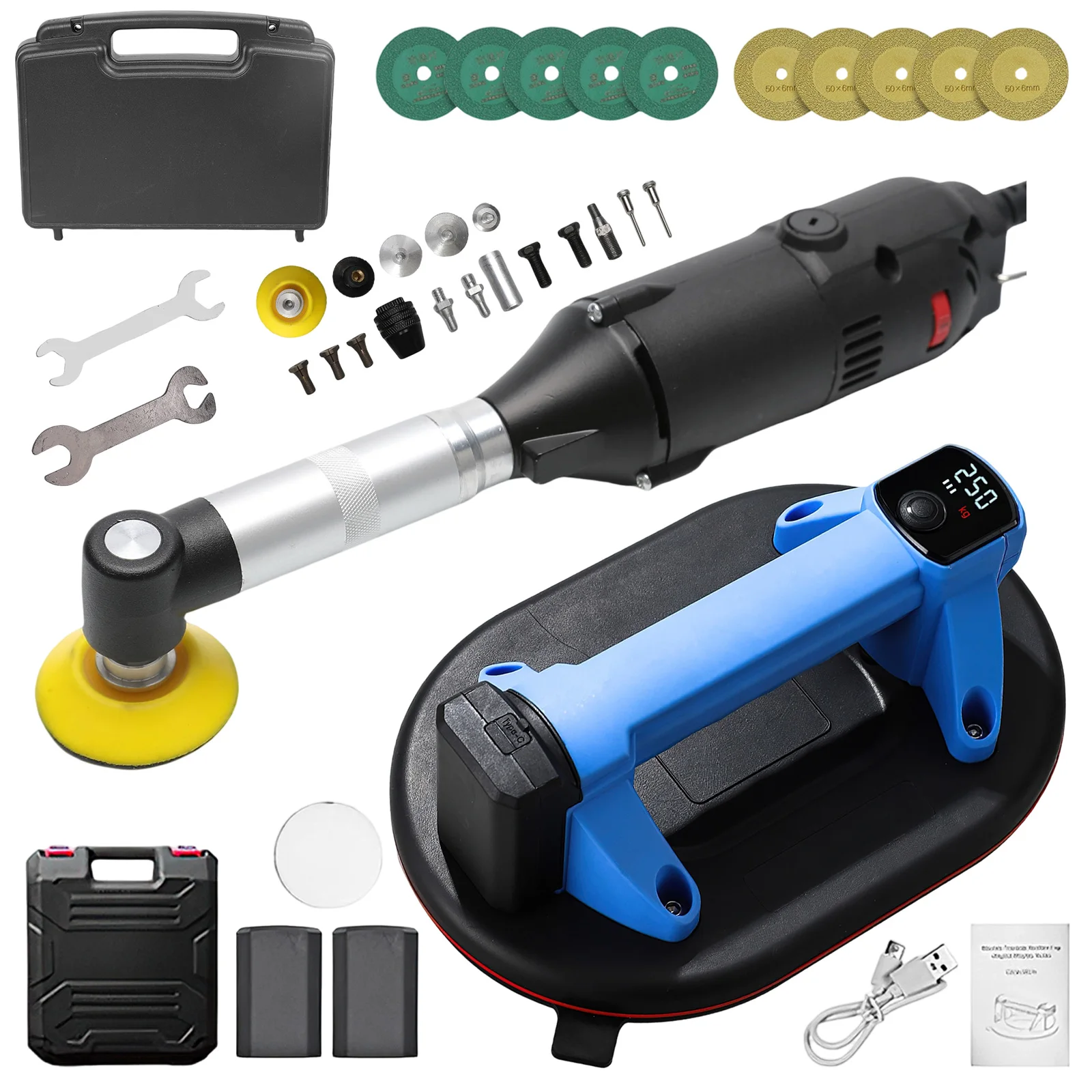 Image of 2-in-1 Fliesenverlegungs-Kombi-Set, 300kg Dual-Motor Smart Elektrischer Vakuum-Saugnapf (Automatische Luftnachfüllung/Typ-C-Ladung) + 350W Gerader Schleifer (6-Gang /15000RPM /Langer Schleifkopf)