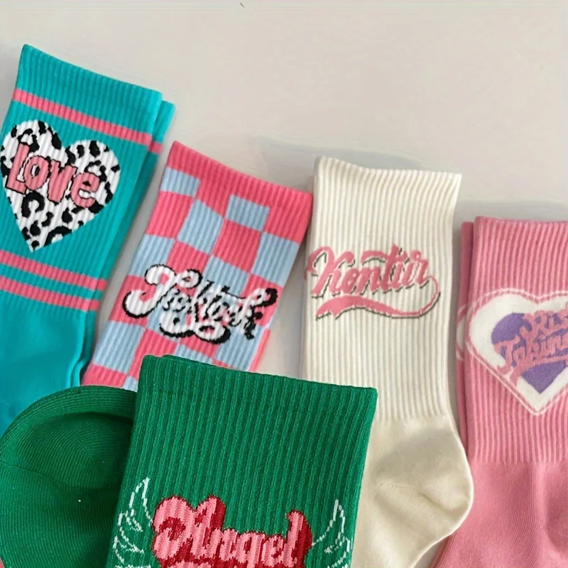 5 أزواج من الجوارب النسائية العصرية والعصرية على طراز الكلية بلون الحلوى، جوارب كاجوال مريحة بألوان الدوبامين #5
