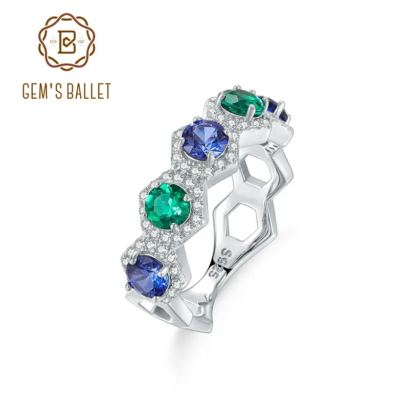 

GEM'S BALLET Круглое кольцо 4 мм, выращенное в лаборатории изумрудом и сапфиром, полуобручальное кольцо из стерлингового серебра 925 пробы, подарок для нее