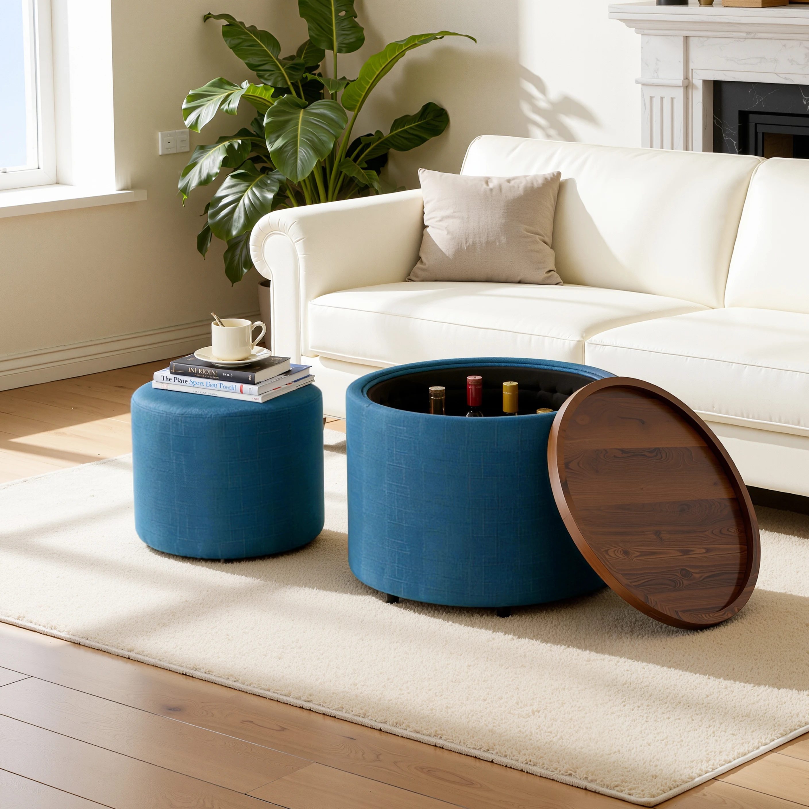 Ensemble de tabourets gigognes 2 pièces Ball & Cast avec rangement, repose-pieds avec housse en lin et étagère en bois, table basse et tabouret ronds de 58 cm, bleu, 1 emballage