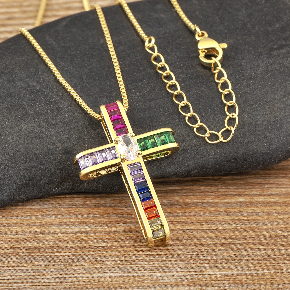 Nidin New Trendy Religious Style Inlaid Colorful Zircon Cross Pendant Necklace For Women Christian Clavicle Chain Accessories