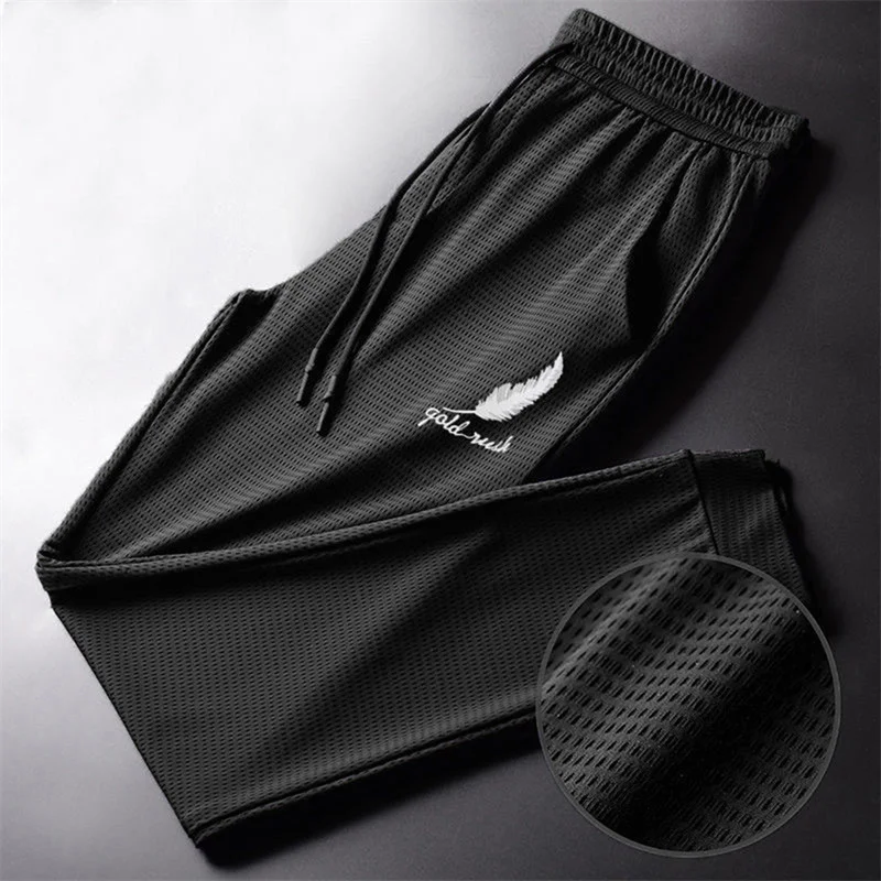 Summer Men Thin Causal Pants Mesh Ice Silk Breathable Quick Dry Pant Loose Elastic Ankle-tied Fitness Quick Dry Joggers Trousers