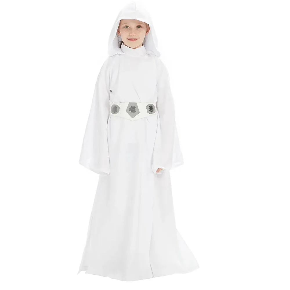 Princesa Leia fantasia para crianças, terno de Halloween, Cosplay clássico, branco com capuz, vestido de meninas, roupa clássica, Leia