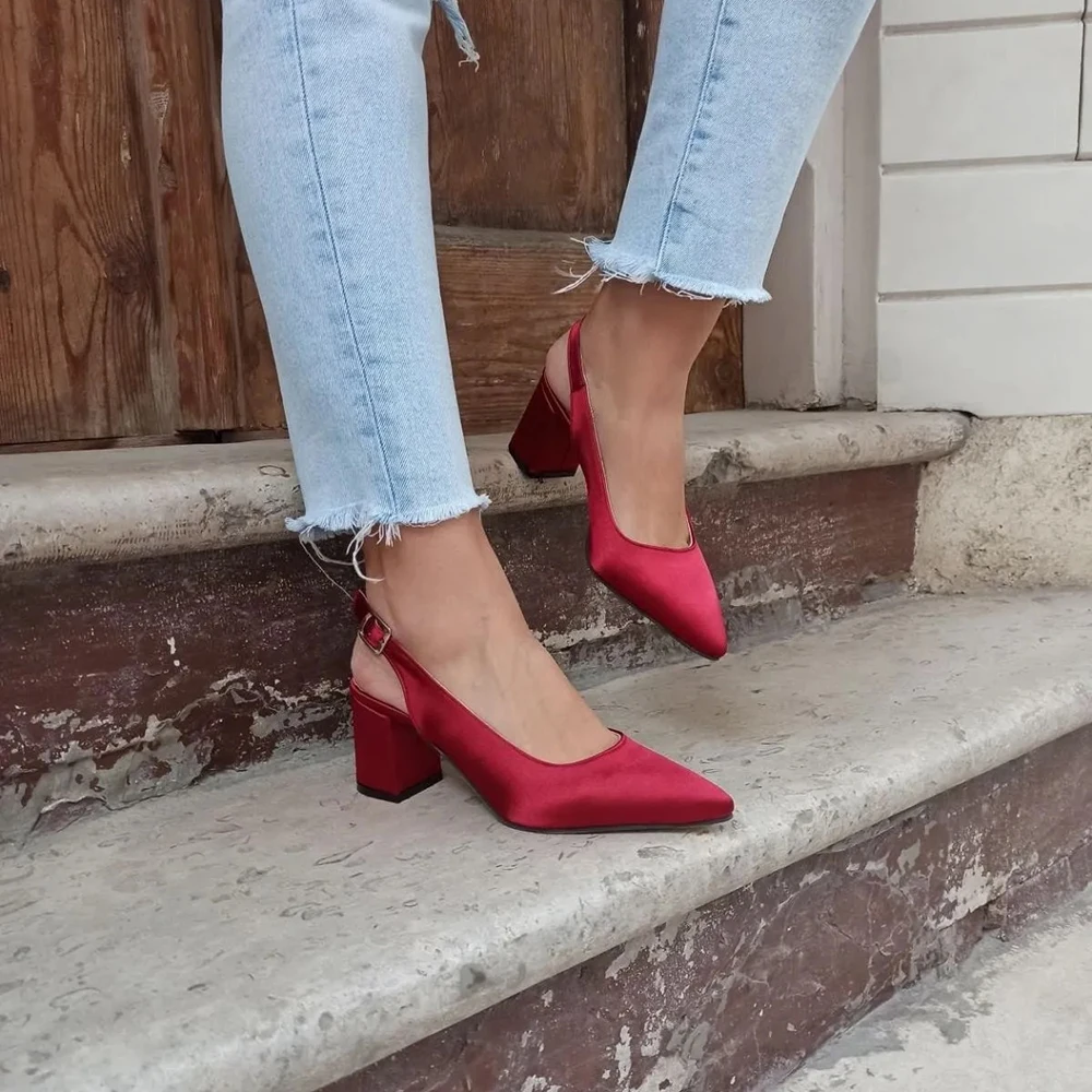 Burgundy Satin Shoes Small Heel Dress Shoes for Women Ankle Strap Sandals Women Footwear Luxury Block Heel Pumps for Women image 2