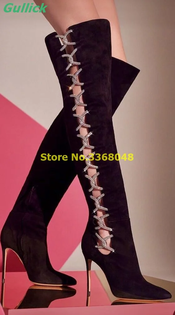 Glitter Strap Hollow Over The Knee Boots Black Suede Sexy Pointed Toe Thin High Heel Runway Fashion Women Boots New Arrival Shoe