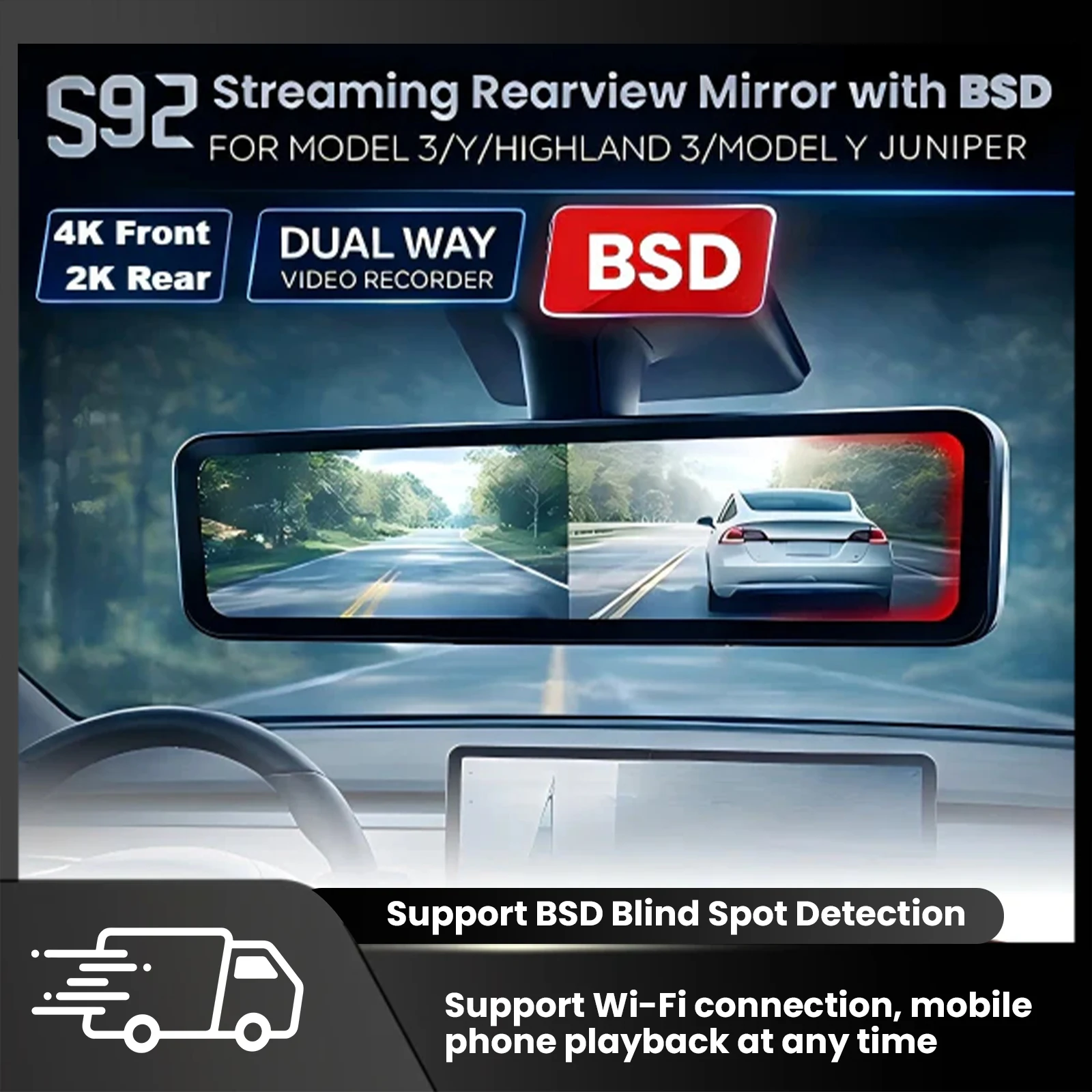 

S92 Pro 4K Stream Rearview Mirror with BSD for Model 3/Y/Highland 3/Y Juniper Front Rear Dashcam Drive Recorder Night Vision