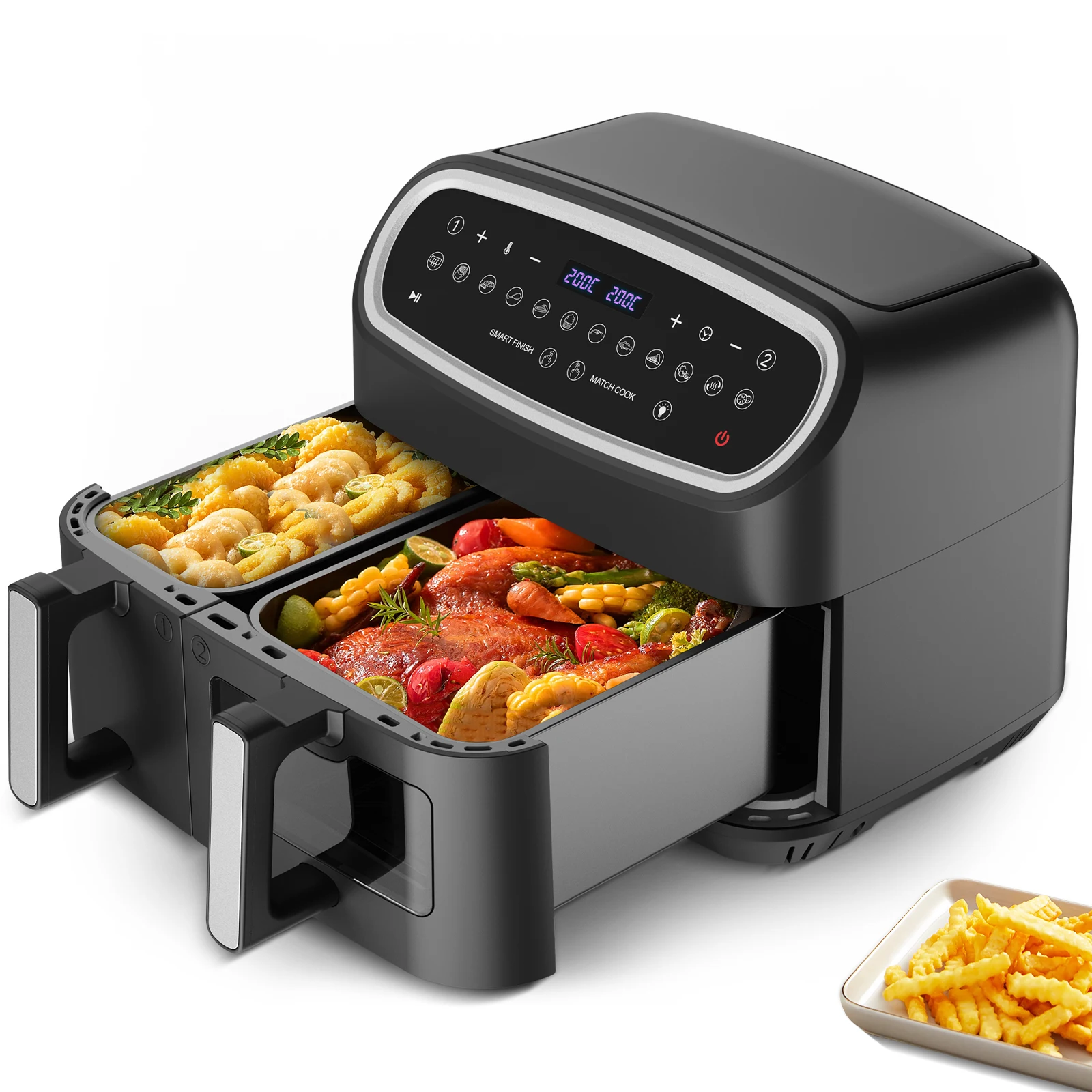 Image of XXL-Dual-Zone-Luftfritteuse 10 l (6 l + 4 l) – 2800 W, 12 voreingestellte Programme, LED-Anzeige, Vorheizfunktion und Sichtfenster