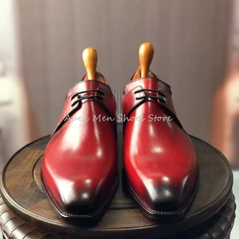 Burgundy Youth Business Formal Derby Shoes Lace Up Breathable Genuine Leather Men\'s Shoes Trendy Handmade Dress Wedding Shoes