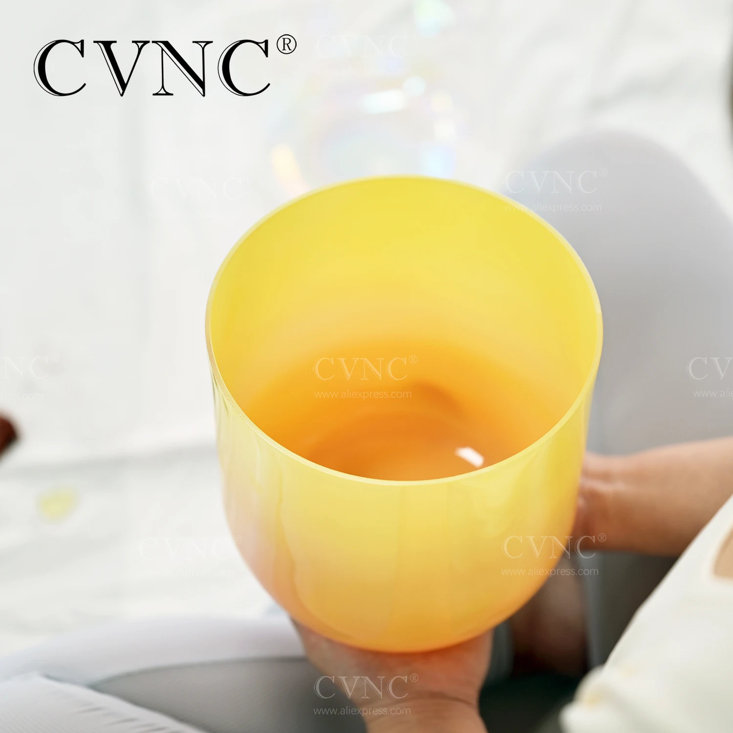 CVNC 7 Inch Dream yellow Color Alchemy Clear Quartz Crystal Singing Bowl 440/432hz for Sound Healing and Meditation with Mallet