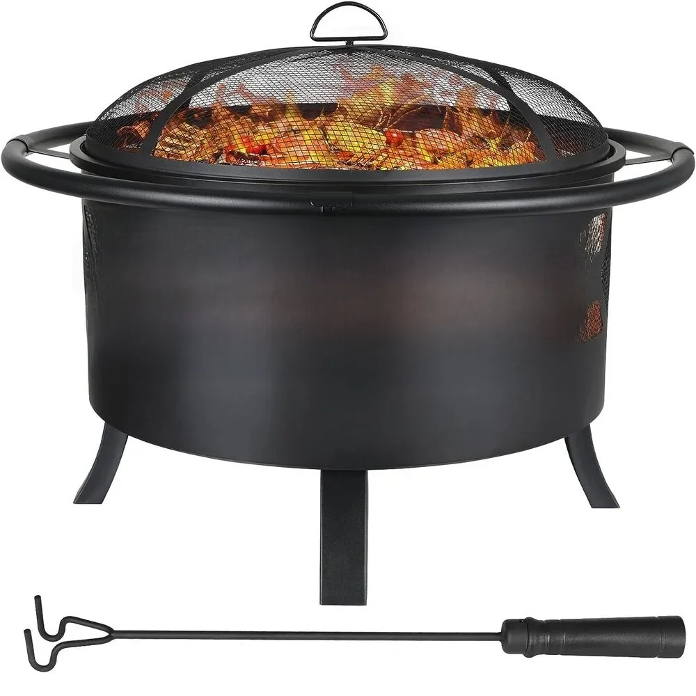 Bol à feu de jardin 3 en 1 avec grille de gril, avec protection contre les étincelles, panier à feu pour foyer Ø81/76 cm, chauffage pour barbecue