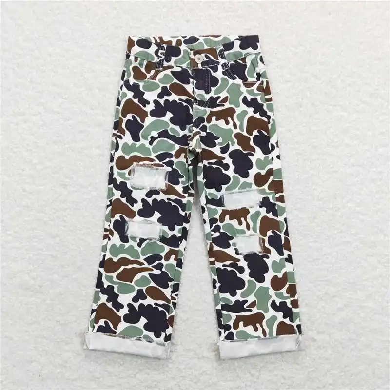 New Fashion Baby Boys Green Camo Distressed Denim Pants Wholesale Boutique Children Clothes Long Sleeve Jeans RTS