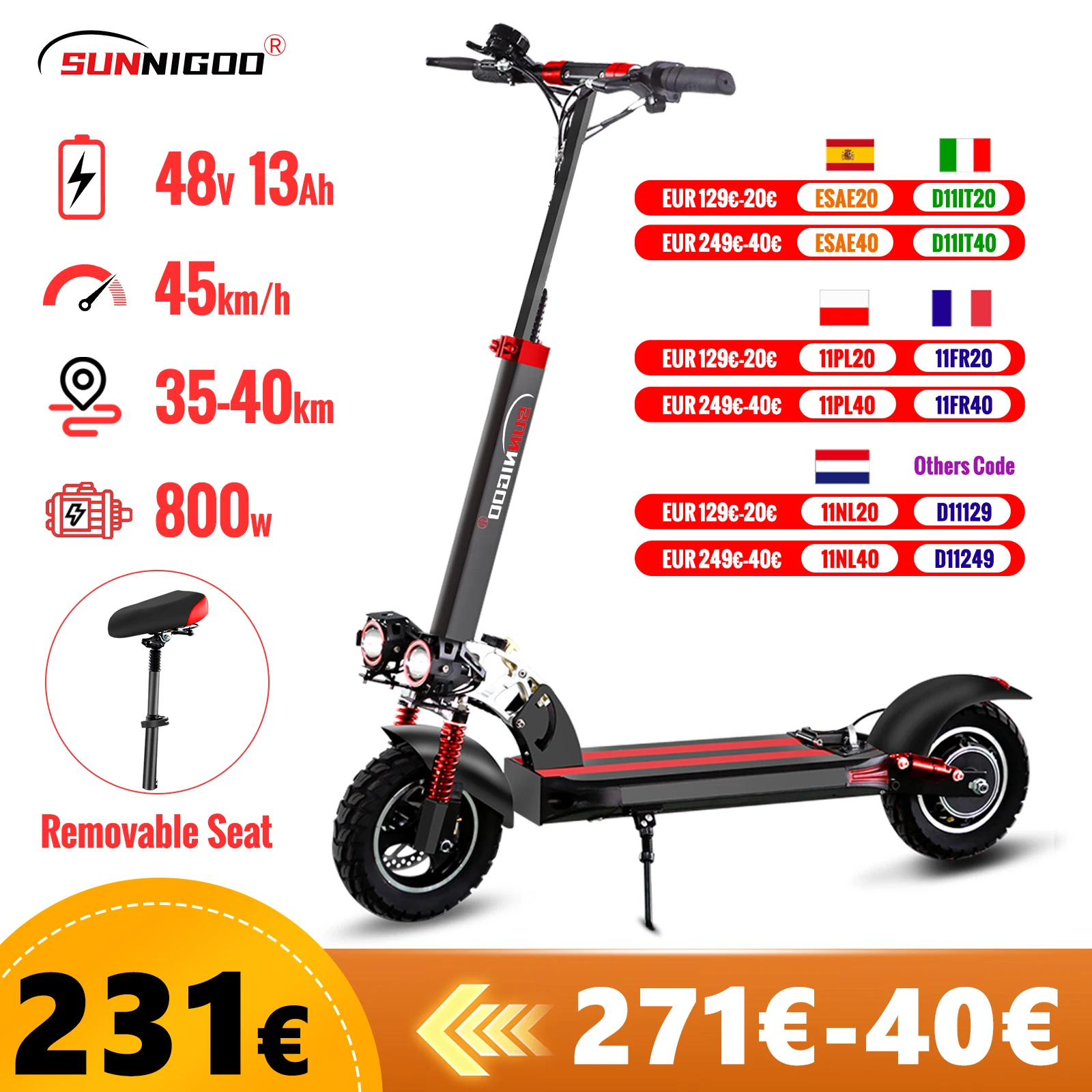 SUNNIGOO Scooter électrique pour adulte 10 pouces tout-terrain 48V batterie au Lithium vitesse maximale ​ ​ Scooter électrique pliable à siège amovible 45 km/h