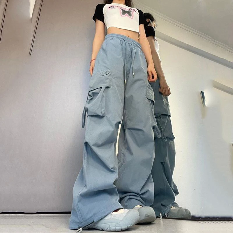 Women Cargo Pants Vintage Large Pocket High Waist Wide Leg Loose Fashion Trousers Streetwear Female New Drawstring Baggy Pants