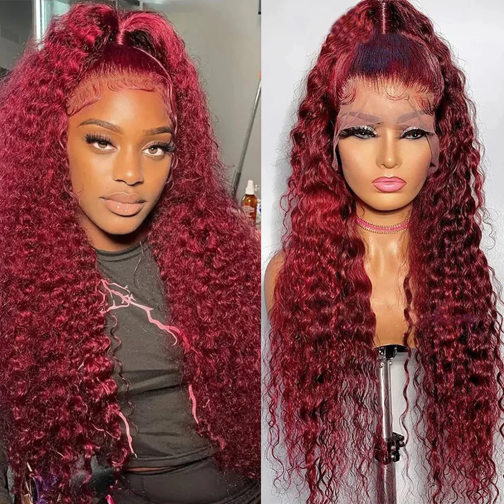 13x6 99J Red Lace Front Human Hair Wigs Colored Deep Wave Burgundy 13x4 Transparent Lace Frontal Wig Glueless Red Wig For Women