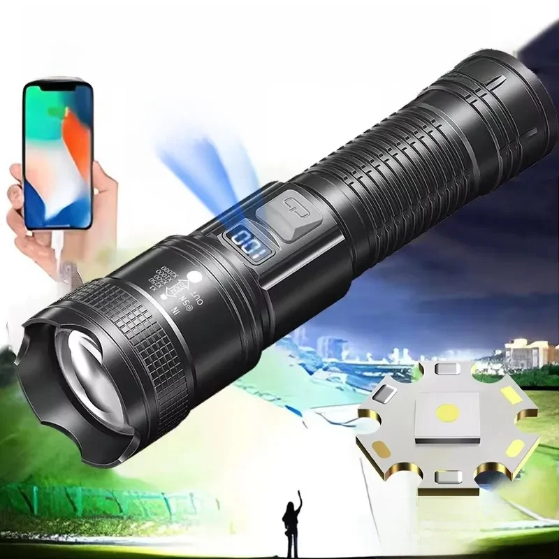 Lampes de poche LED haute puissance pour le bain, lampe torche avec lumière d'affichage, charge USB, camping, pêche, lanterne n'aime Defensa, 300000LM