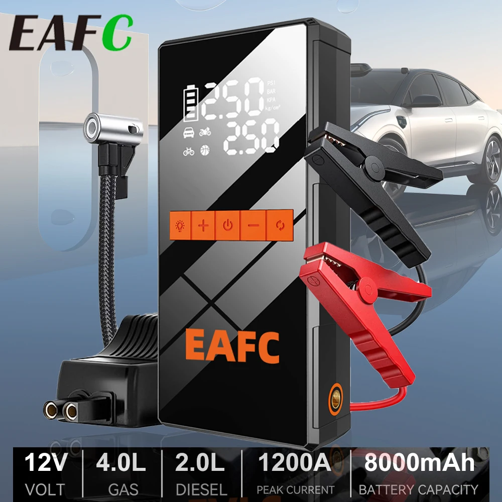 EAFC 1200A Avviatore di emergenza per auto 150PSI Compressore d'aria 2-in-1 Pompa d'aria 8000mAh Booster portatile Potente dispositivo di avviamento per batteria per auto